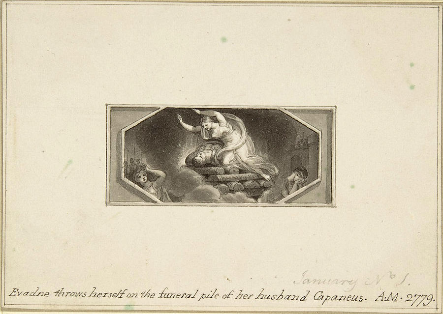 Evadne throws herself on the Funeral Pile of her Husband Capaneus Drawing by Edward Francis Burney