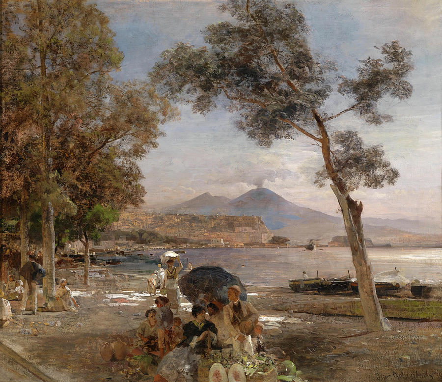 Evening at the Gulf of Naples in the background Vesuvius Painting by Oswald Achenbach