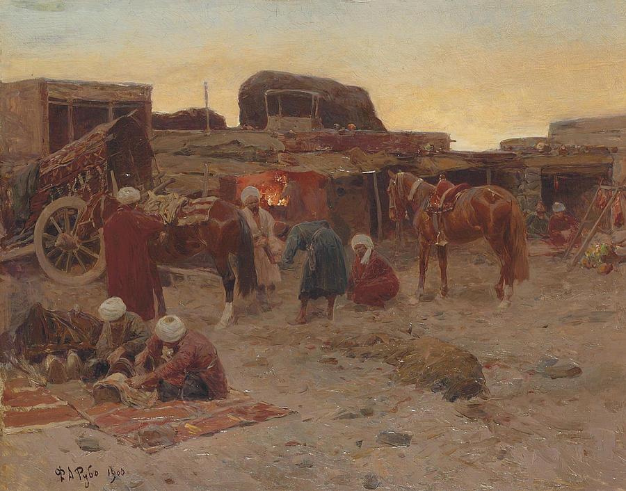 Evening Falls at the Camp Painting by Franz Roubaud