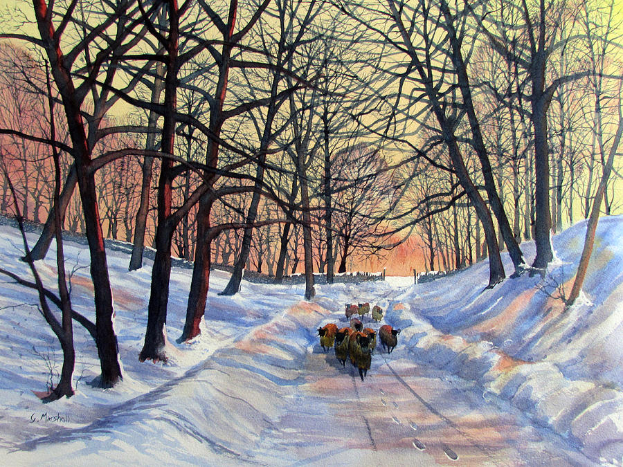 Sheep Painting - Evening Glow on a Winter Lane by Glenn Marshall