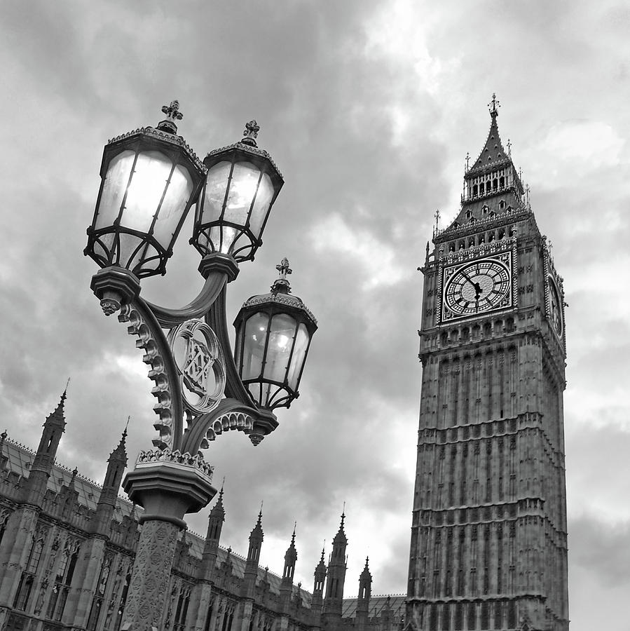 Evening Light at Big Ben in Black and White Photograph by Gill Billington