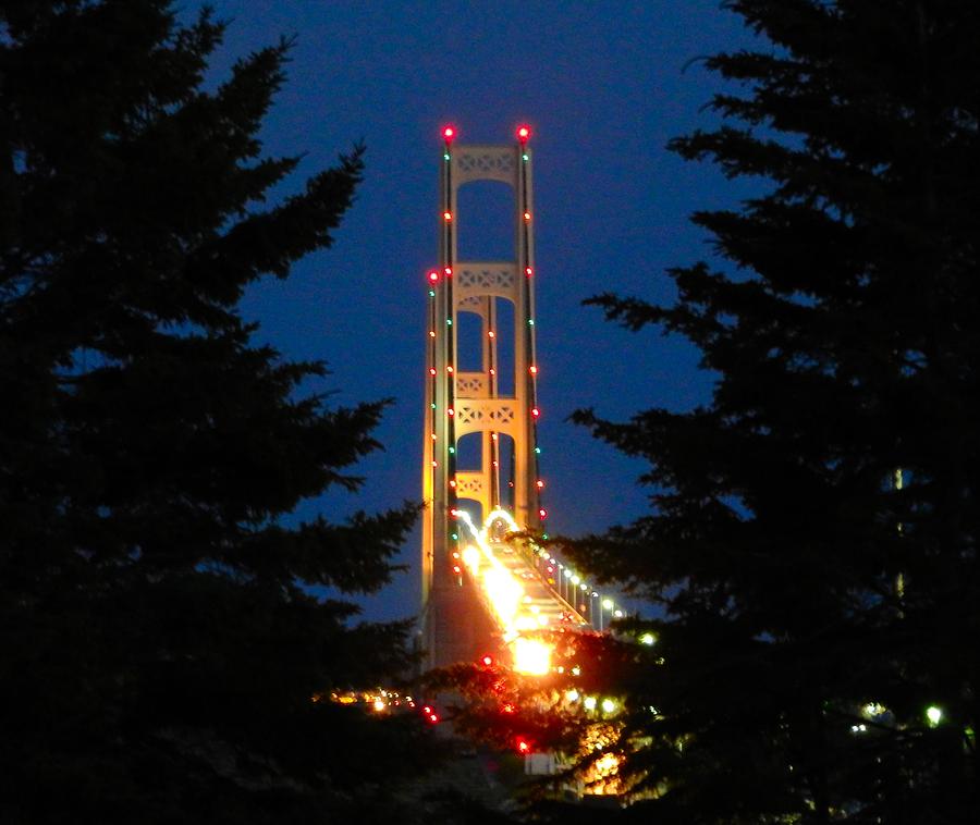 Evening Lights On Mackinac Bridge Photograph