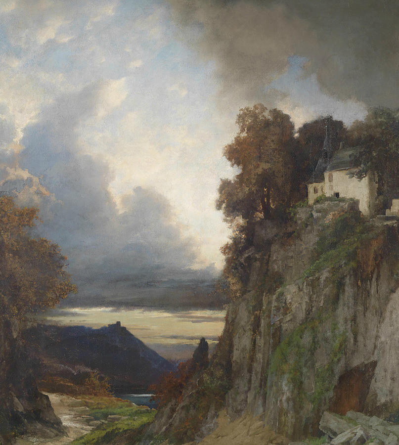 Tree Painting - Evening mood at the Rhine River by Albert Flamm