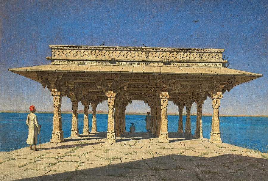 Evening on a Lake. A Pavilion on the Marble Embankment in Rajnagar Painting by Vasily Vereshchagin
