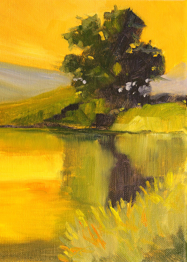 Sunset Painting - Evening Pond Landscape by Nancy Merkle