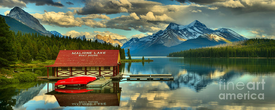 Jasper National Park Photograph - Evening Reflections At Maligne Lake Panorama by Adam Jewell
