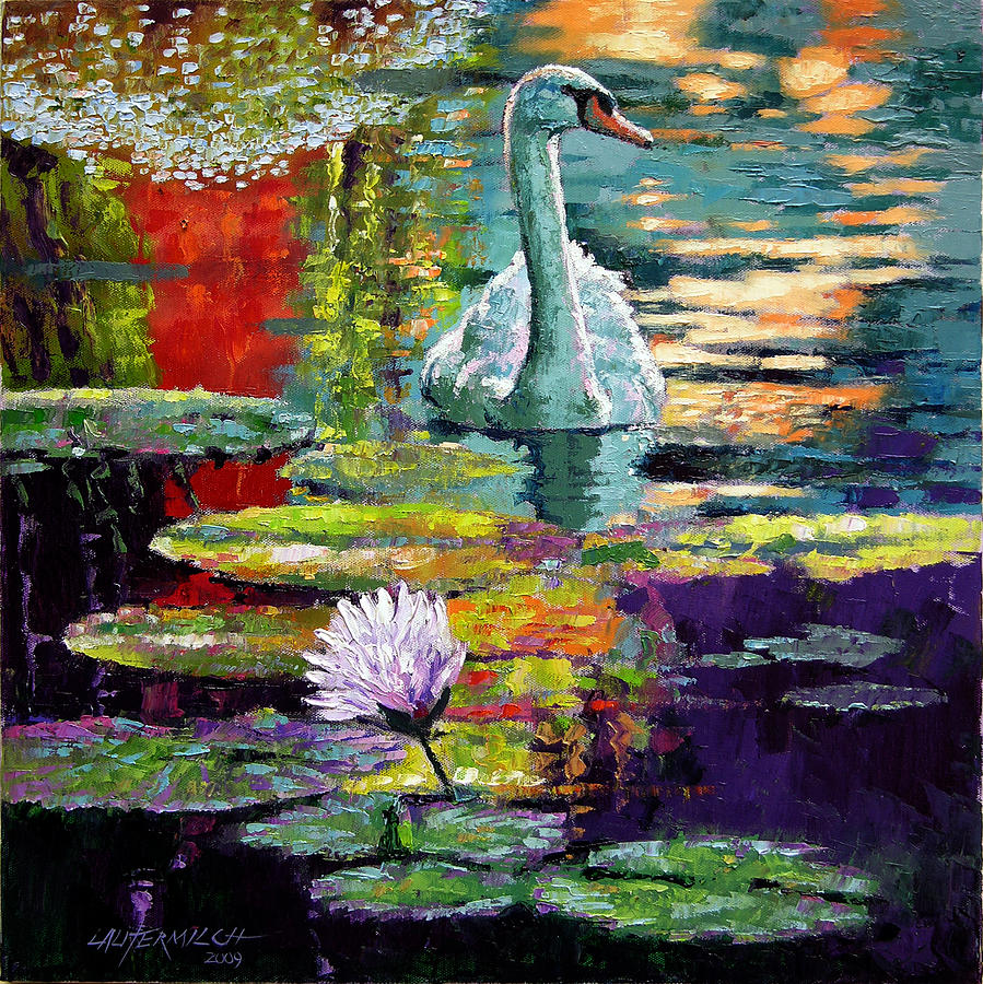 Swan Painting - Evening Reflections by John Lautermilch