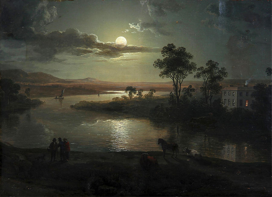 Evening scene with full moon and persons Painting by Abraham Pether