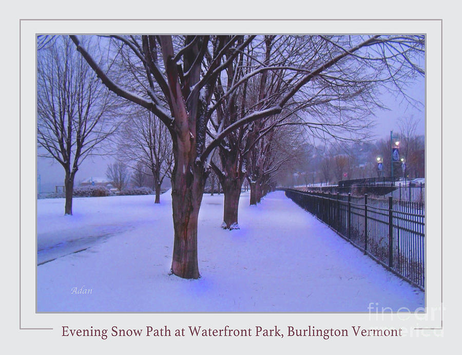 Evening Snow Path at Waterfront Park Burlington Vermont Poster Greeting Card Photograph by Felipe Adan Lerma