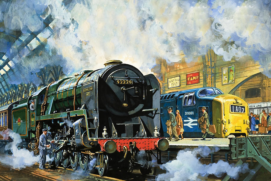 Train Painting - Evening Star, the last steam locomotive and the new diesel-electric Deltic by Harry Green