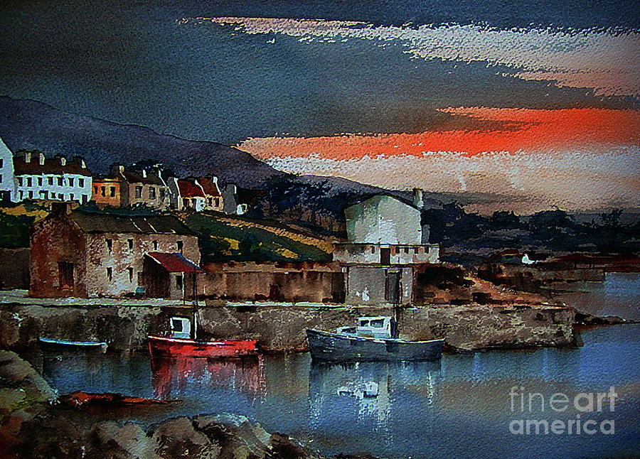Evening Sunset on Rroundstone Old Harbour, Galway Painting by Val Byrne