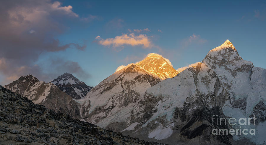 Everest and Lhotse Alpenglow Cloudscape Photograph by Mike Reid