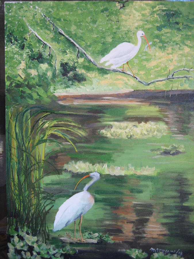 Everglades White Herons Painting by Mabel Moyano