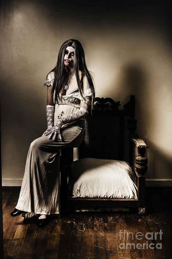 Halloween Photograph - Evil vampire woman in old grunge haunted house by Jorgo Photography