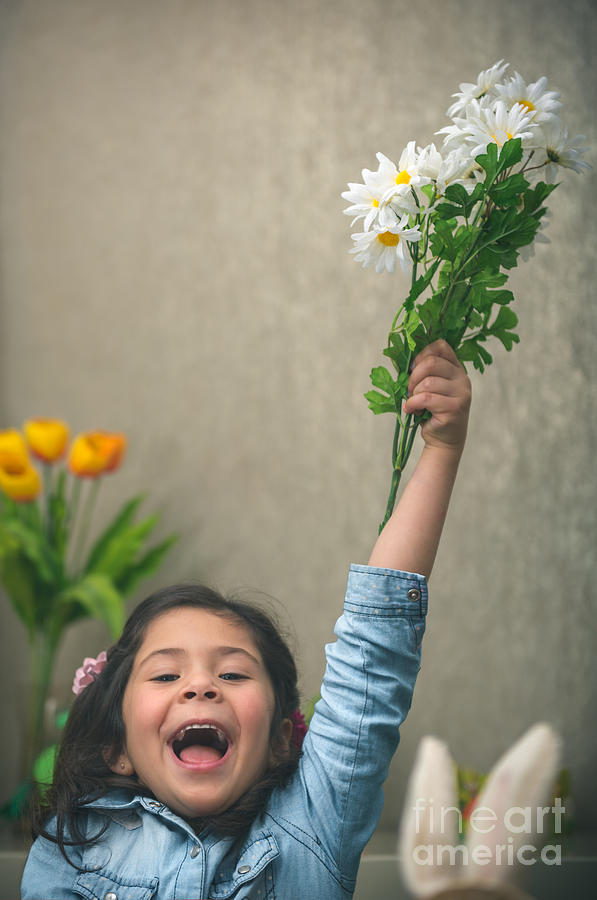 Excited baby girl with flowers Photograph by Anna Om