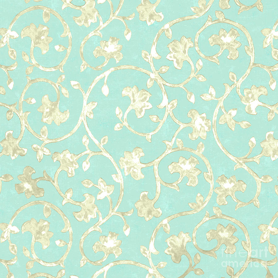 Vintage Painting - Exotic golden Baroque floral damask pattern, robins egg blue by Tina Lavoie
