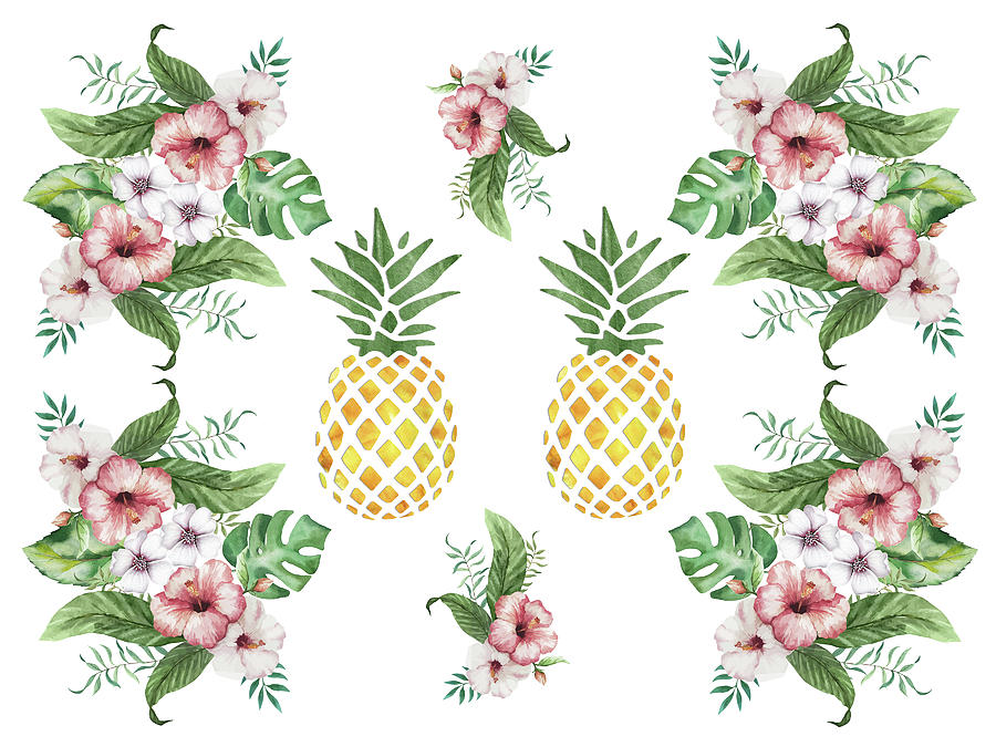 Flower Painting - Exotic Hawaiian Flowers and Pineapple by Georgeta Blanaru