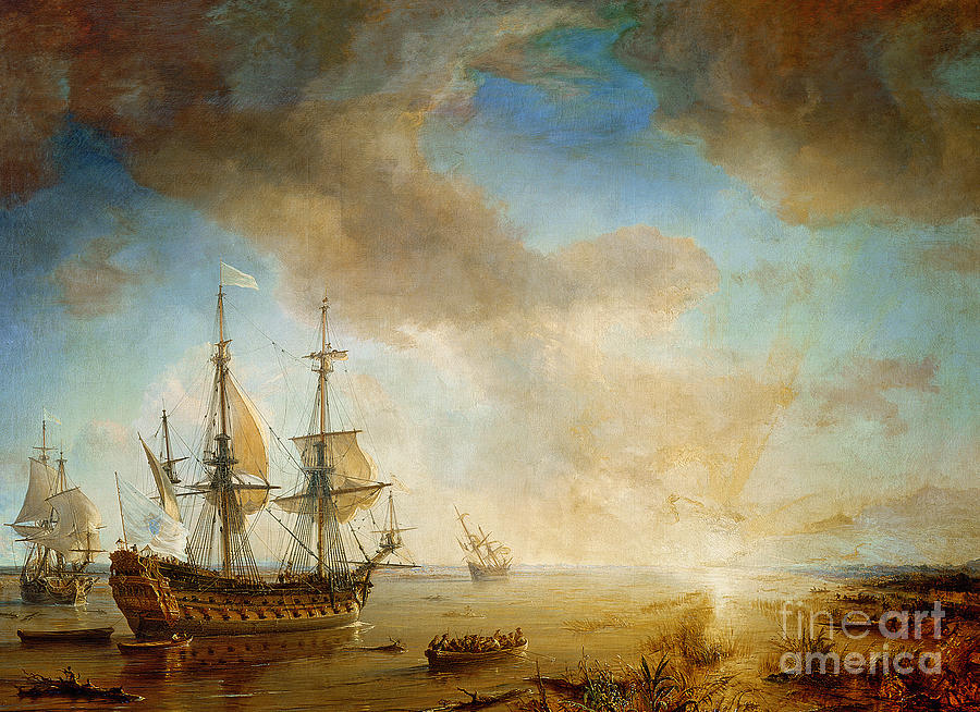 Boat Painting - Expedition of Robert Cavelier de La Salle  by Jean Antoine Theodore Gudin