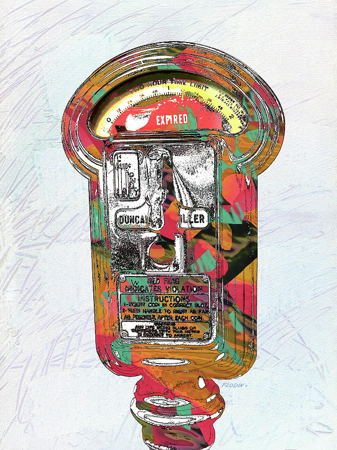 Car Mixed Media - Parking Meter, Expired, Pop Art Style, Contemporary Wall Art, Giclee Paper Print, Modern Canvas Art by Mick Flodin