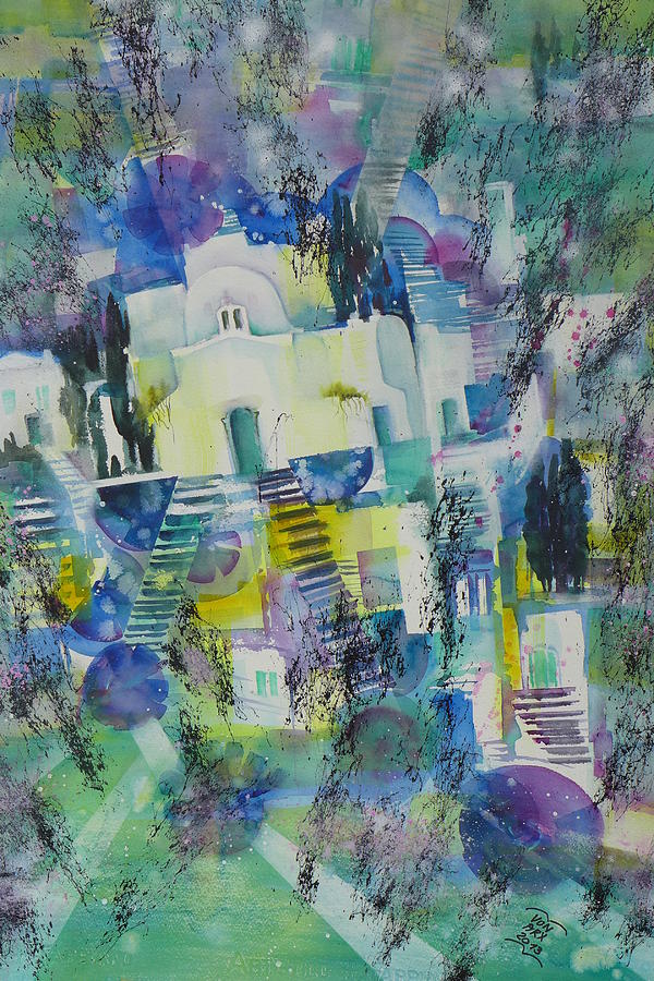 Abstract Art - Greek Churches and Stairs Painting by Sabina Von Arx