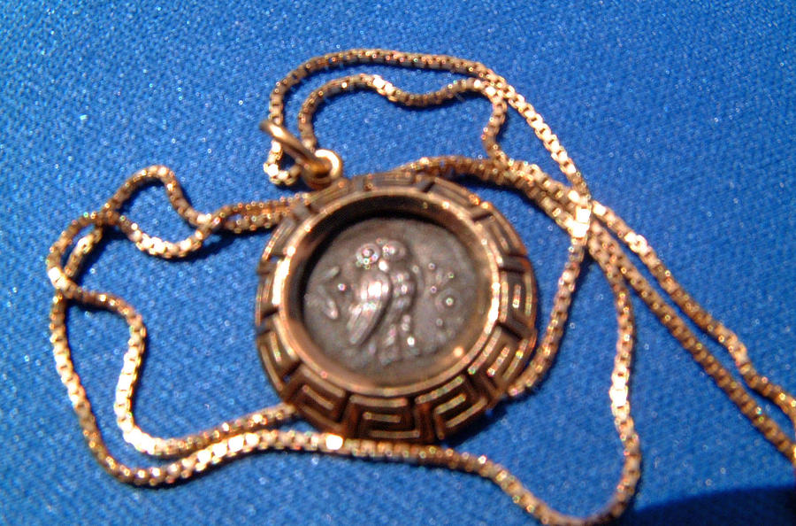 Owl Jewelry - Exquisite pendant made from a Greek drachm featuring Athena on obverse and owl on reverse by Vintage goldsmith