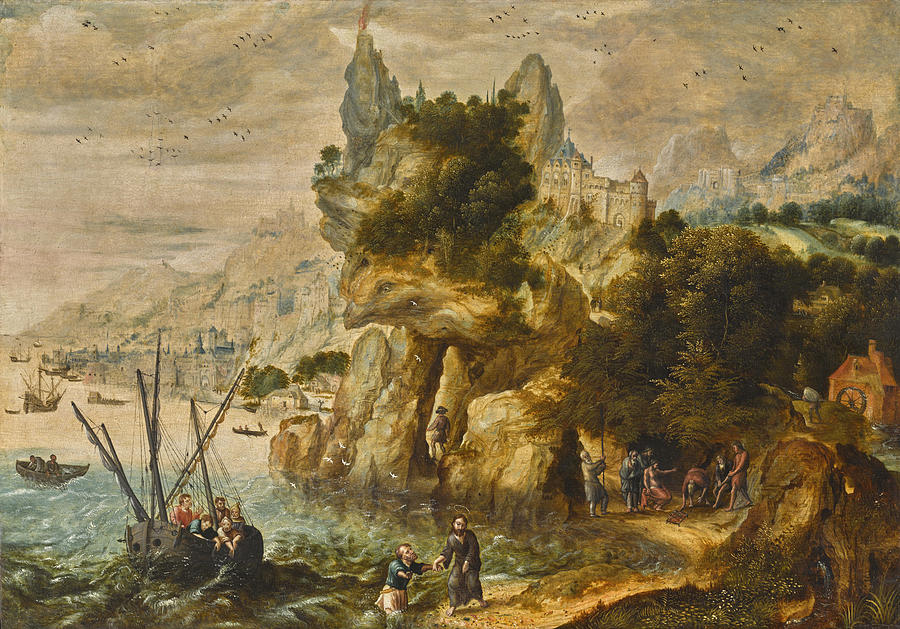 Extensive Coastal Landscape with the Calling of Saint Peter Painting by Herri met de Bles