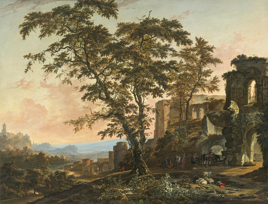 Extensive Rhenish Landscape with Peasants and Animals resting in the Shade of Romanesque Ruins Painting by Hendrik van Minderhout
