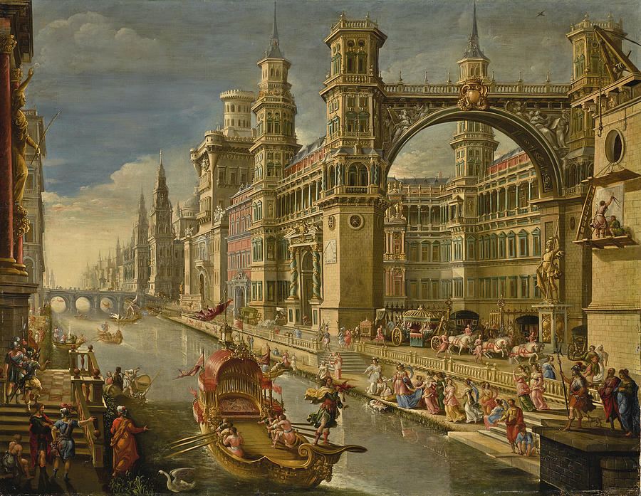 Extravagant Architectural Capriccio with a State Barge on a Canal  Painting by Francisco Gutierrez Cabello