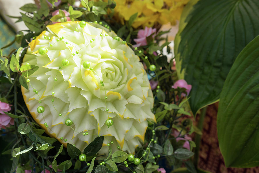 Extravagant Jeweled Dishes - Carved Melon Flower With Green Pearls Photograph by Georgia Mizuleva