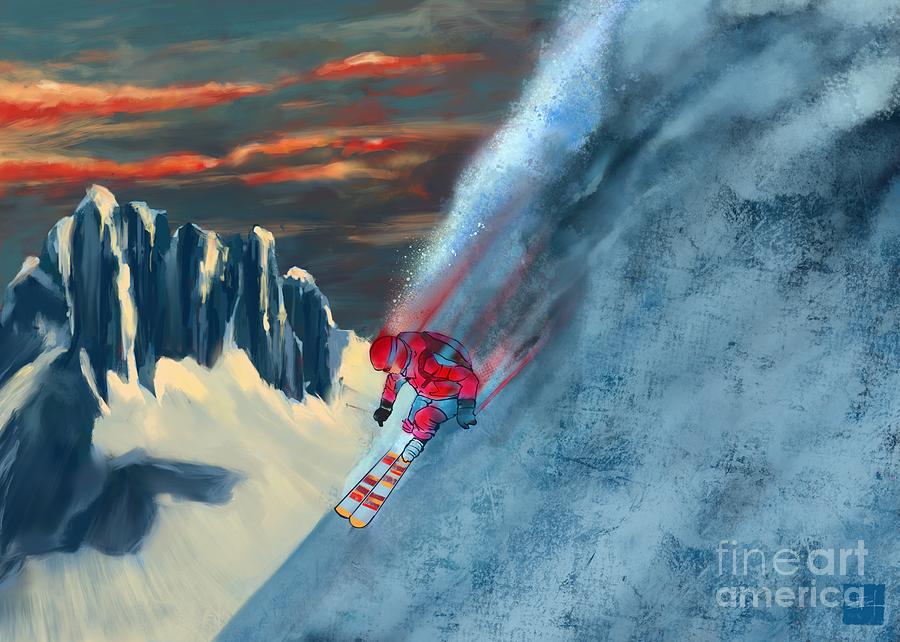 Mountain Sunset Painting - Extreme ski painting  by Sassan Filsoof