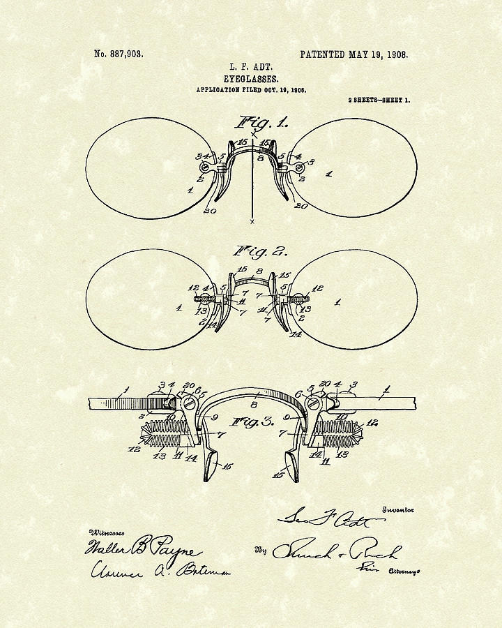 Eyeglasses 1908 Patent Art Drawing by Prior Art Design