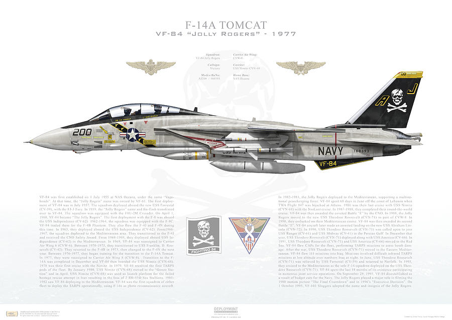 F-14A Tomcat VF-84 Jolly Rogers, AJ200 / 160393 / 1977 - Profile Print ...
