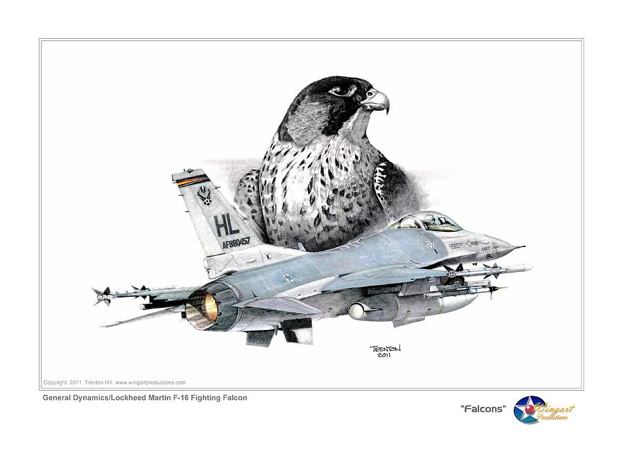 Falcon Drawing - F-16 Falcon and Falcon by Trenton Hill