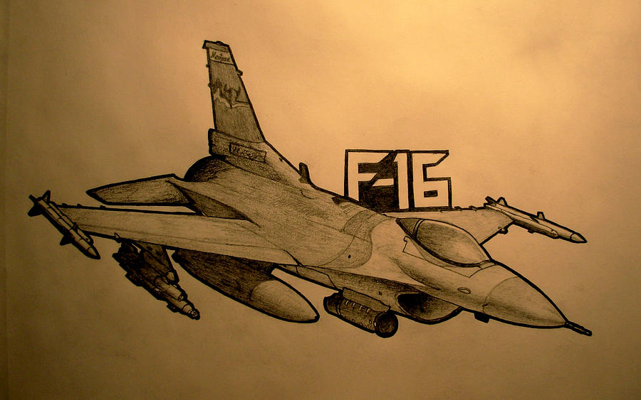 Jet Drawing - F-16 by Oliver Greenbarg