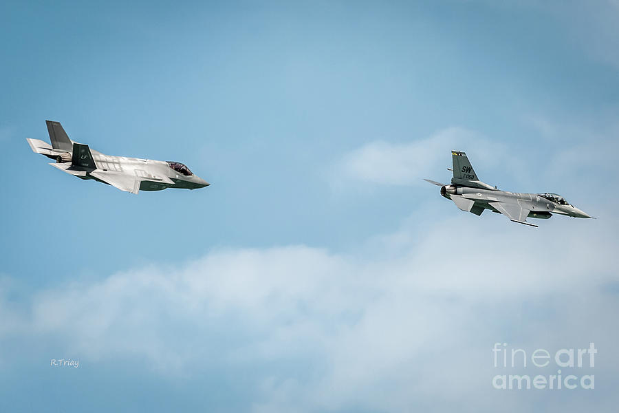 F-35 Lightning Formation with a General Dynamics F-16 Photograph by Rene Triay FineArt Photos