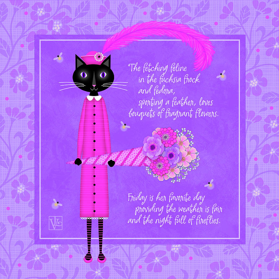 Typography Digital Art - F is for fetching Feline and Flowers by Valerie Drake Lesiak