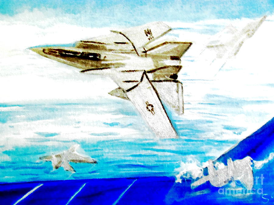 Jet Painting - F14 and Carrier by Stanley Morganstein