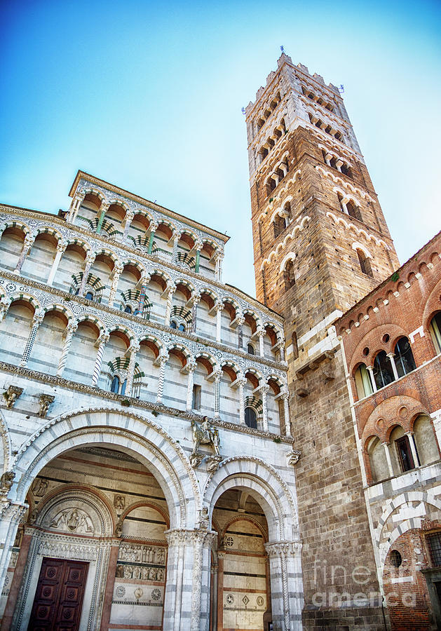 Facade and bell tower of Lucca Cathedral, Italy Photograph by Ariadna De Raadt