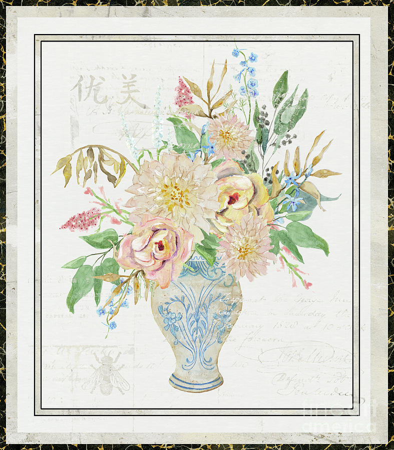 Faded Glory Chinoiserie - Floral Still Life 1 Blush Gold Cream Painting by Audrey Jeanne Roberts