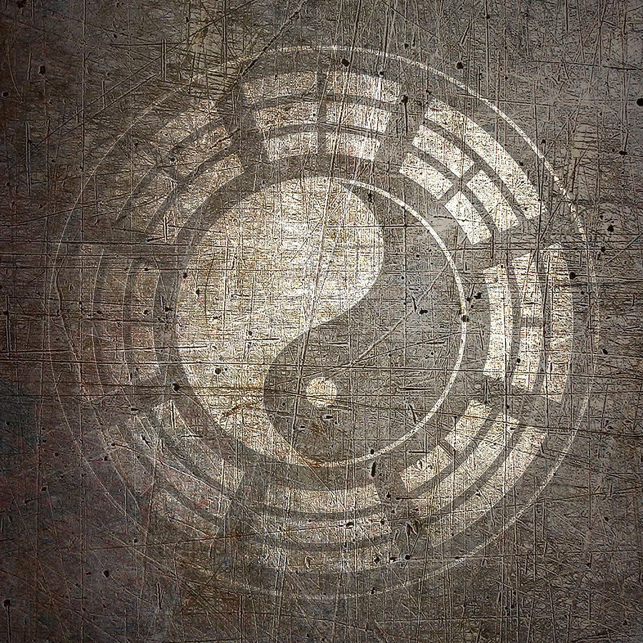 Faded Silver Yin Yang Sign on Stone and Metal Background Digital Art by Fred Bertheas