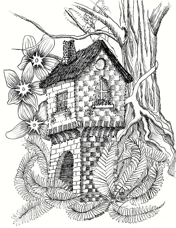 Fairies Drawing - Fae Rapunzel Castle Fairy House and Ferns by Dawn Boyer.