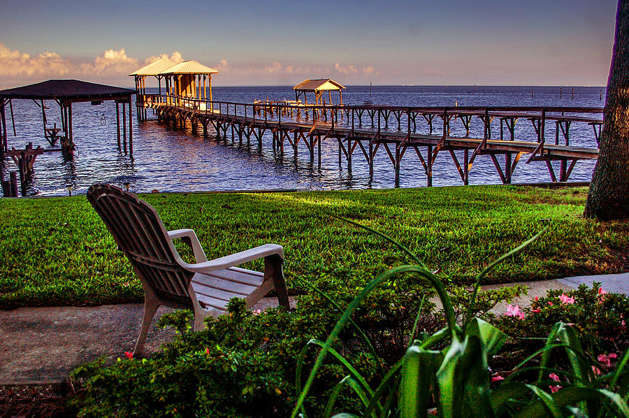 Fairhope Pier and Chair View of Mobile Bay Photograph by Michael Thomas
