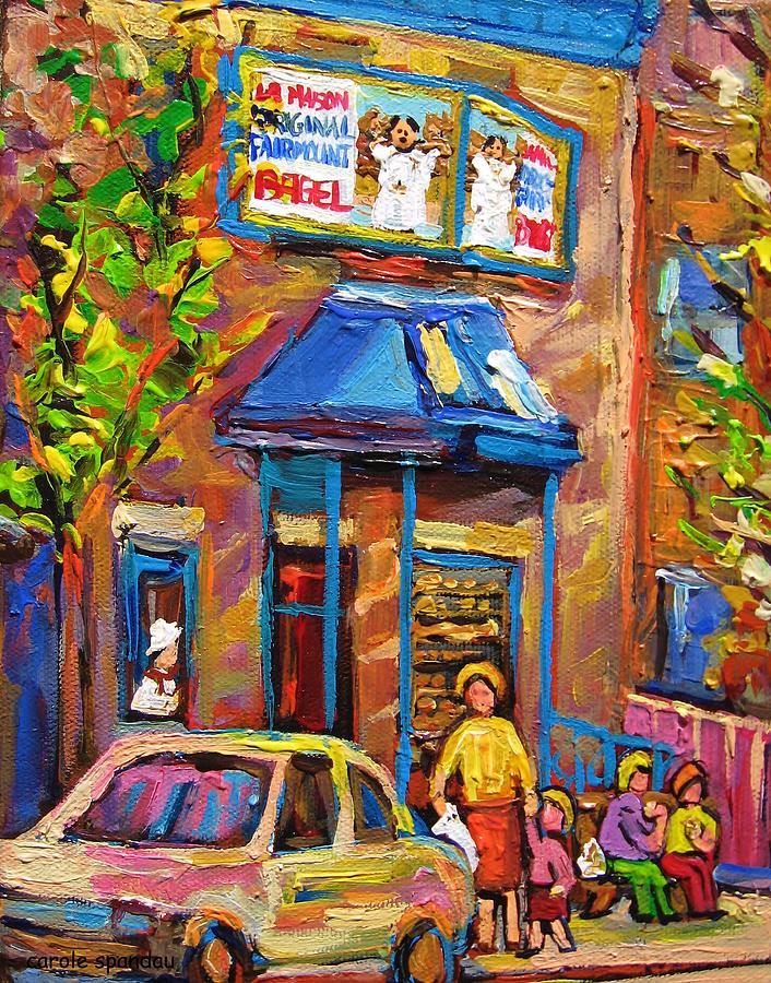 City Scene Painting - Fairmount Bagel Fairmount Street Montreal by Carole Spandau
