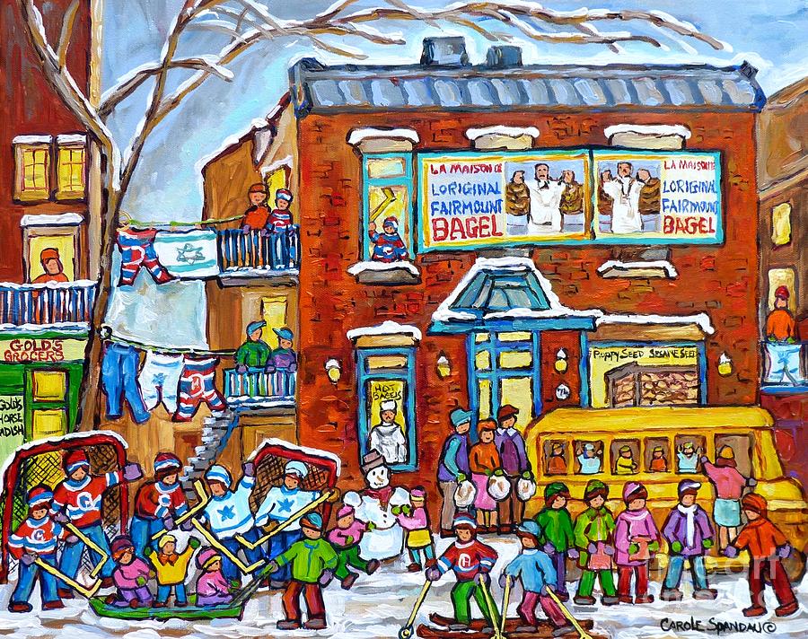 Fairmount Bagel Winter Playground Street Scene Hockey Schoolbus Montreal Memories Carole Spandau     Painting by Carole Spandau