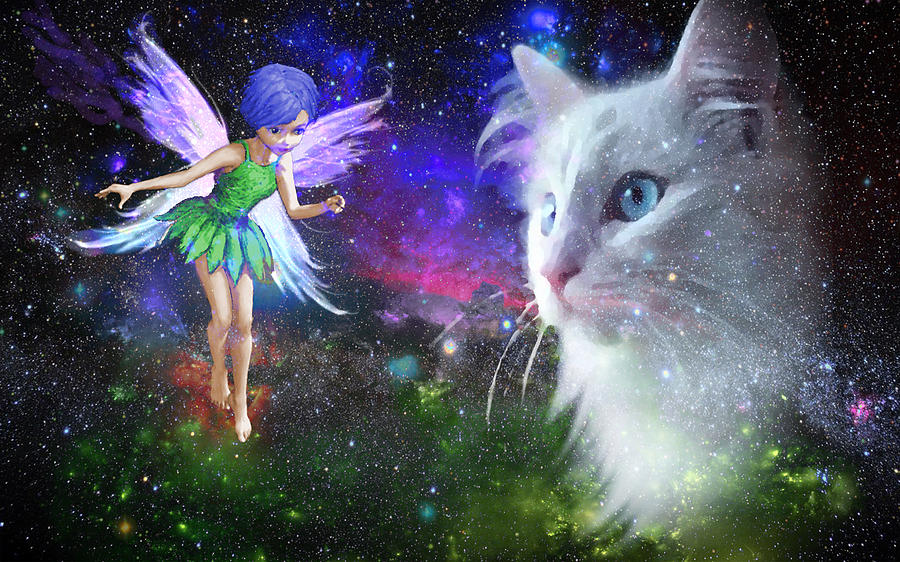 Fairy Encounters Cat  Digital Art by Yuichi Tanabe