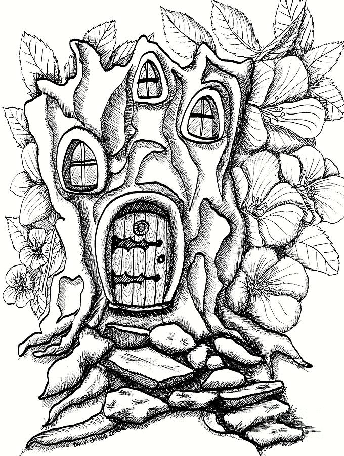 Fairies Drawing - Fairy House Stump and Hibiscus by Dawn Boyer.