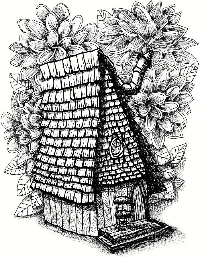 Crayon Drawing - Fairy House with Chair in Porch and Calendula by Dawn Boyer