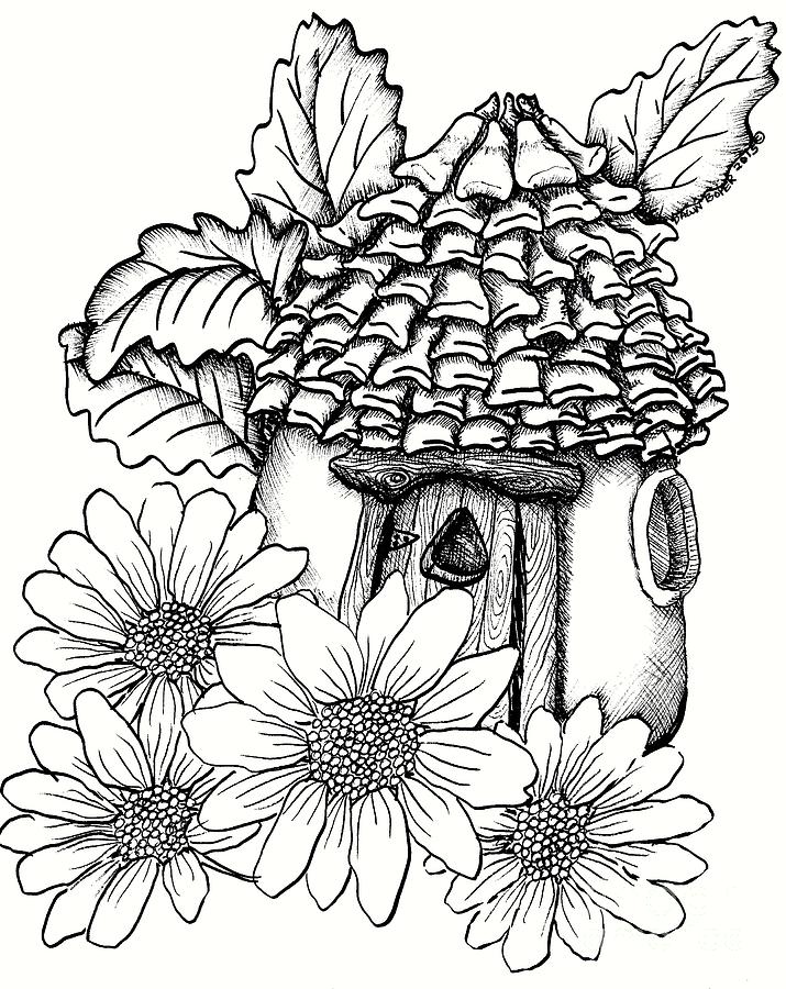 Fairy House with Pine Cone Roof and Daisies is a drawing by Dawn Boyer whic...