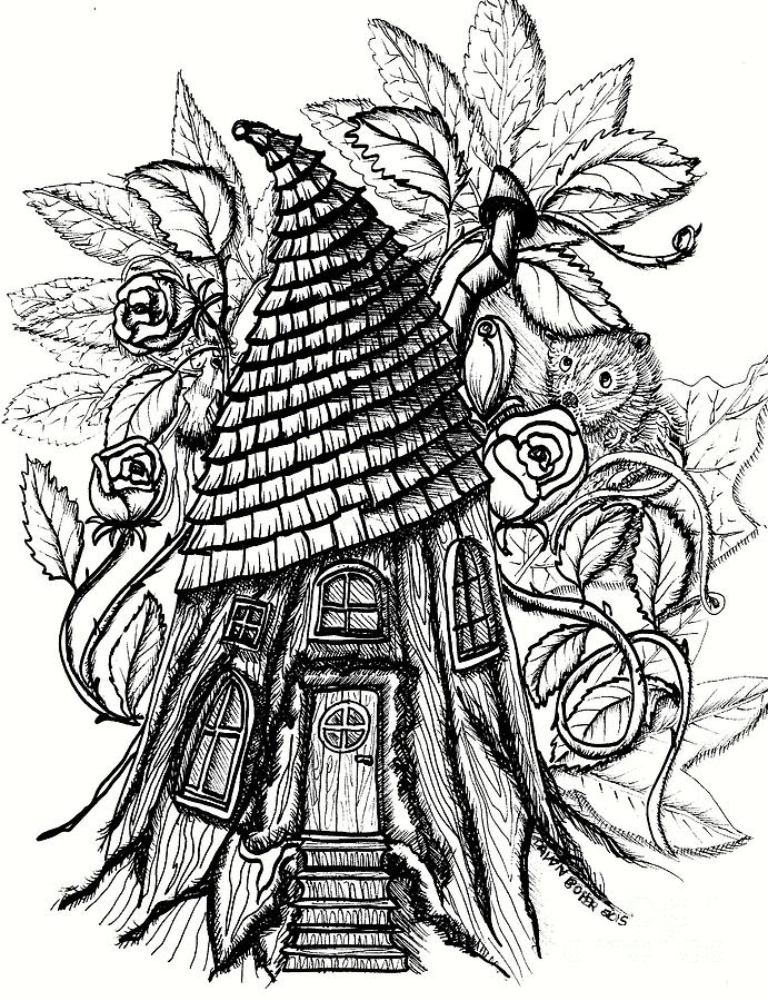Fairy House with Triangle Roof and Mouse Drawing by Dawn Boyer.