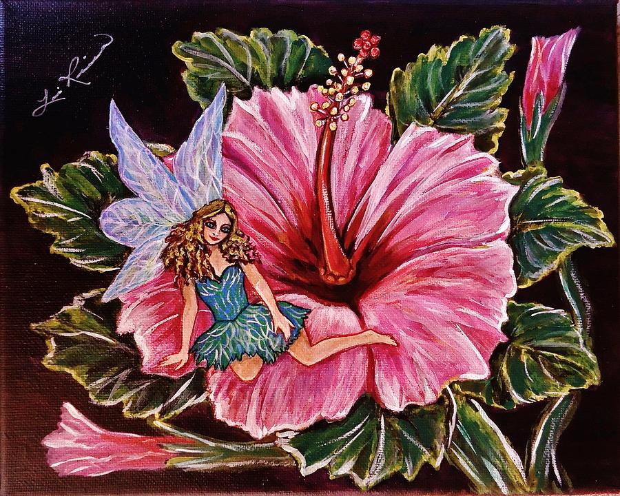 Fairy Painting - Fairy on Pink Hibiscus Flower by Lois Rivera